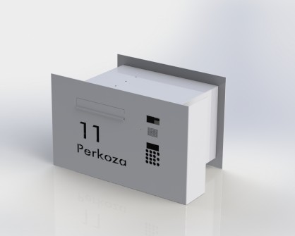 Projekt skrzynki z wideodomofonem, napisem i zagiętym panelem przednim